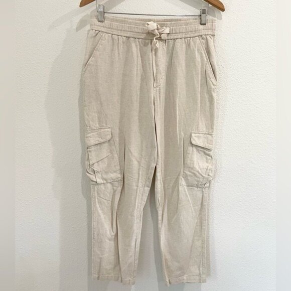 Zara Neutral cargo Linen Blend Ankle Pants Relaxed Fit Boho Coastal Cream - Picture 1 of 6